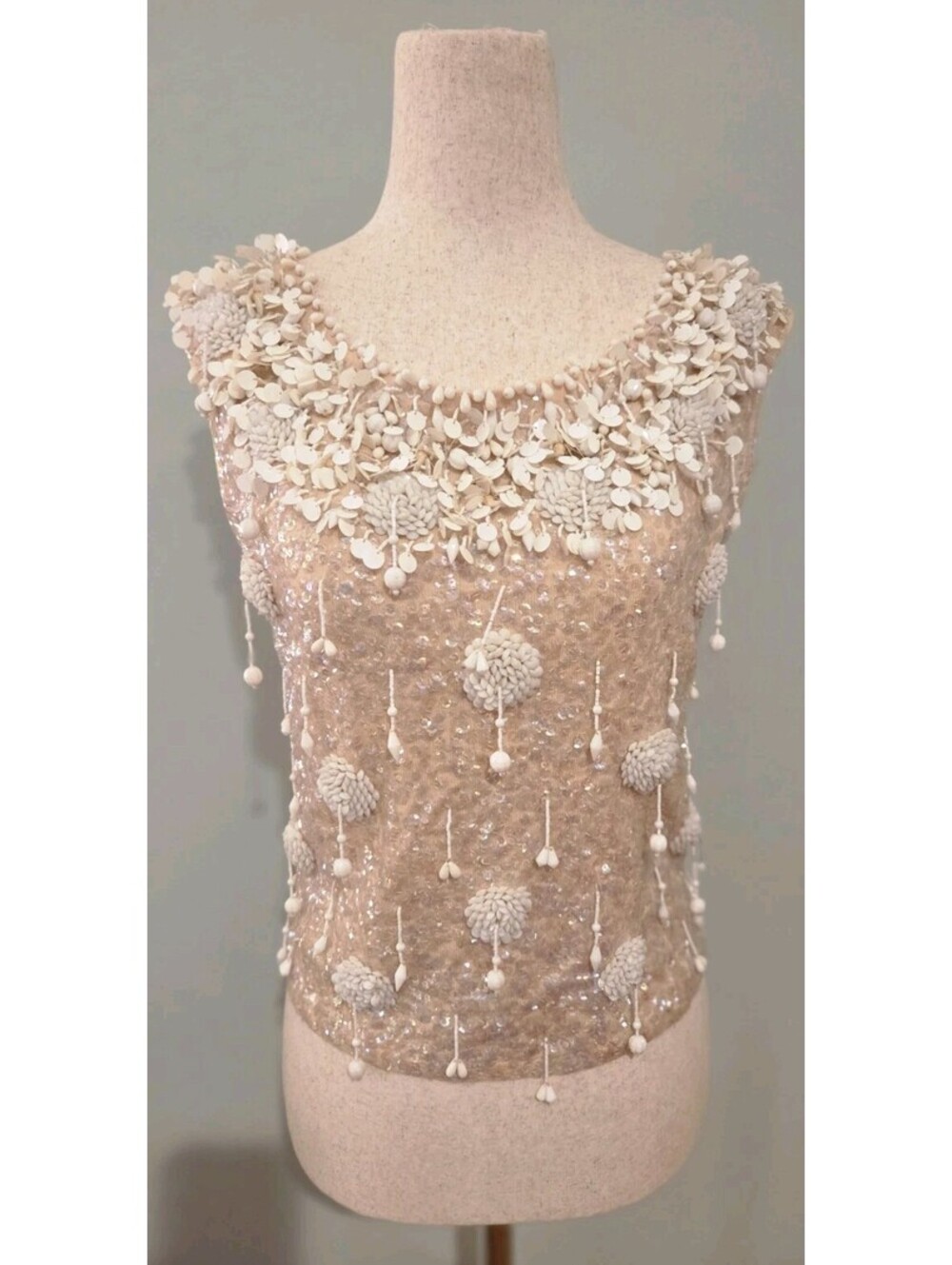 Vintage Small Ivory Iridescent White Sequin Wool Top 50s 60s
